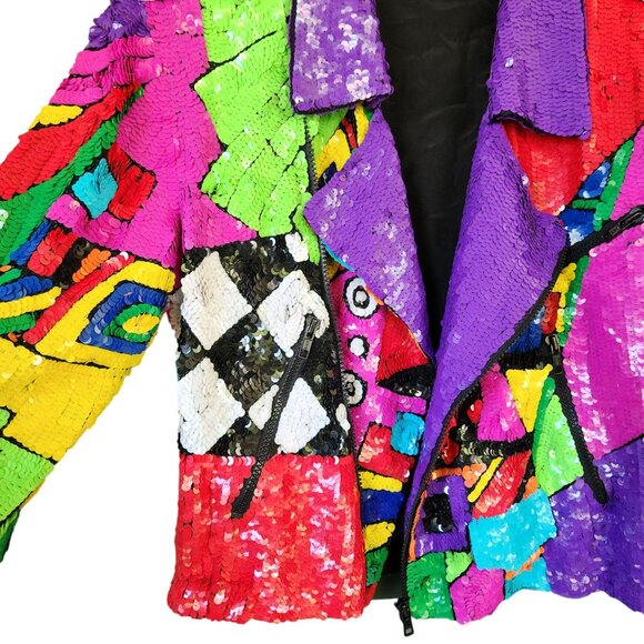 Sequin Moto Jacket Women's Neon Multicolor OOAK Zipper Front100% Silk Sz Medium - Picture 6 of 17
